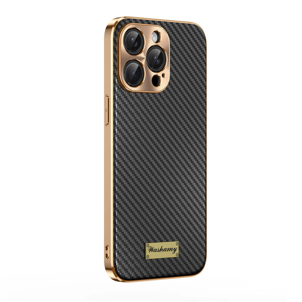 iPhone Case Carbon Fiber Pattern Metal Lens Protective Cover