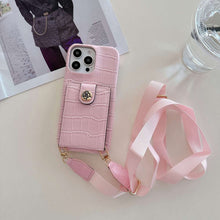 Load image into Gallery viewer, Crocodile Pattern iPhone Case with Card Slot and Lanyard, pink