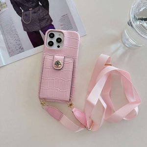 Crocodile Pattern iPhone Case with Card Slot and Lanyard, pink