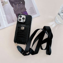 Load image into Gallery viewer, Crocodile Pattern iPhone Case with Card Slot and Lanyard, black