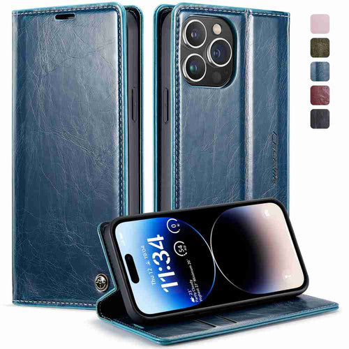  Flip Fold Card Slot iPhone Leather Case, Blue Overall View